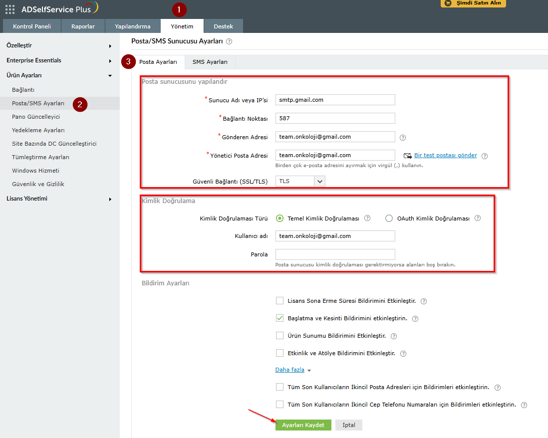 adselfservice notification settings