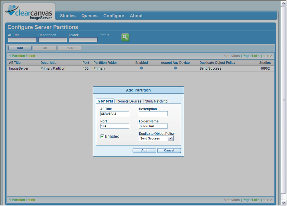 Clearcanvas Configure Server Partitions