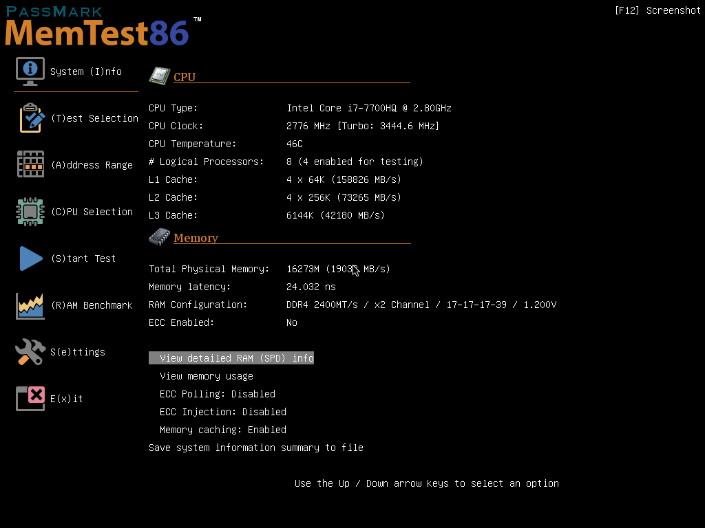 MemTest86 Ana Menüsü