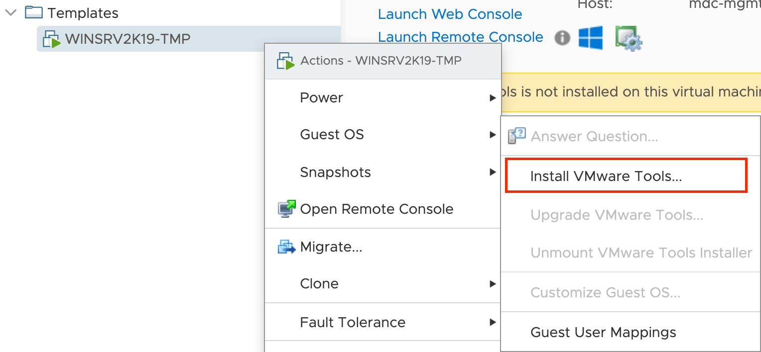VMware araçlarını yükle düğmesinin konumunu gösteren ekran görüntüsü.