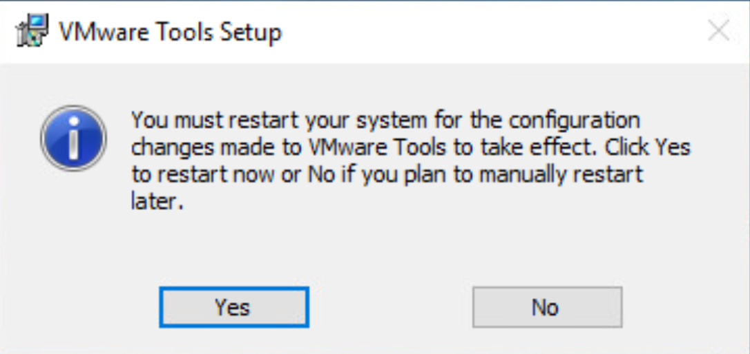 Sistemin yeniden başlatılmasını gerektiren VMware Araçları Kurulumu iletişim kutusunun ekran görüntüsü.