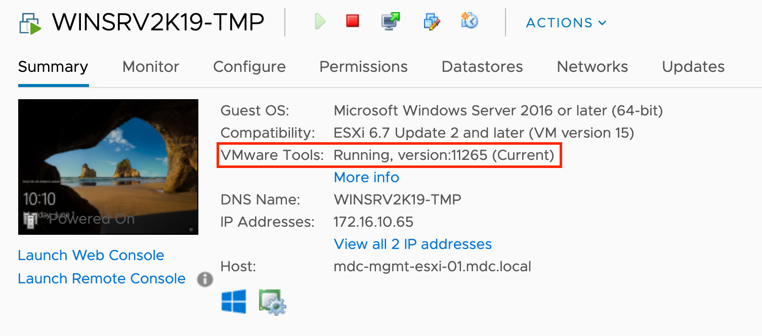 VMware Araçları durumunu gösteren vSphere istemcisinin ekran görüntüsü.