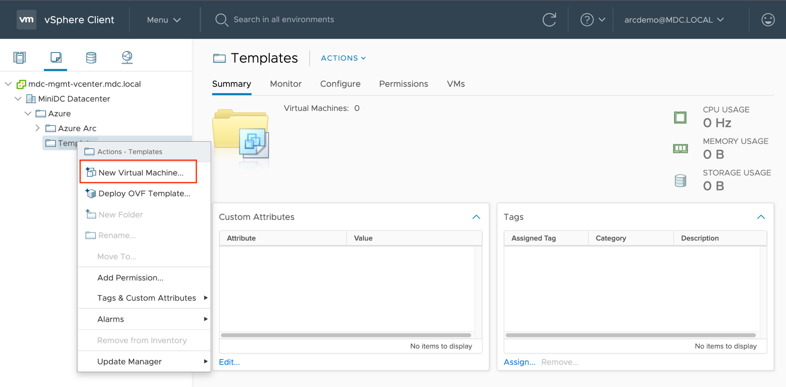 Yeni Sanal Makine seçeneğini belirlediğiniz yeri gösteren vSphere istemci penceresinin ekran görüntüsü.