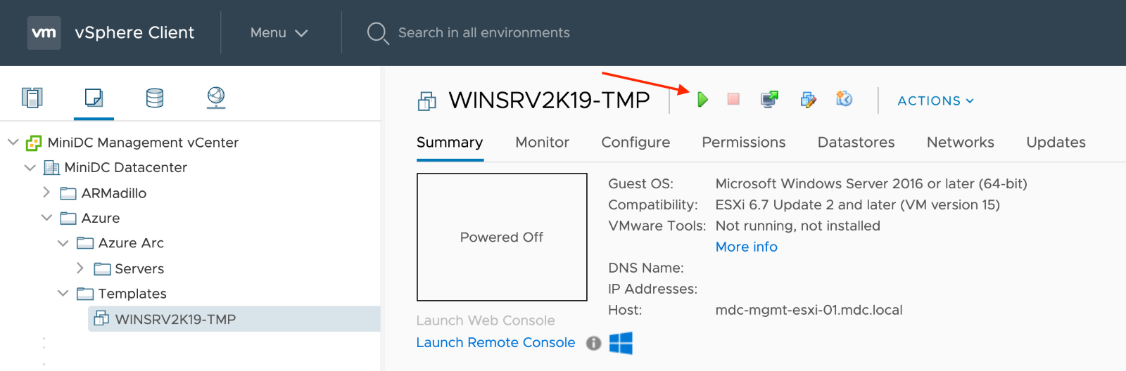 vSphere istemcisindeki Windows Server çalıştır düğmesinin ekran görüntüsü.