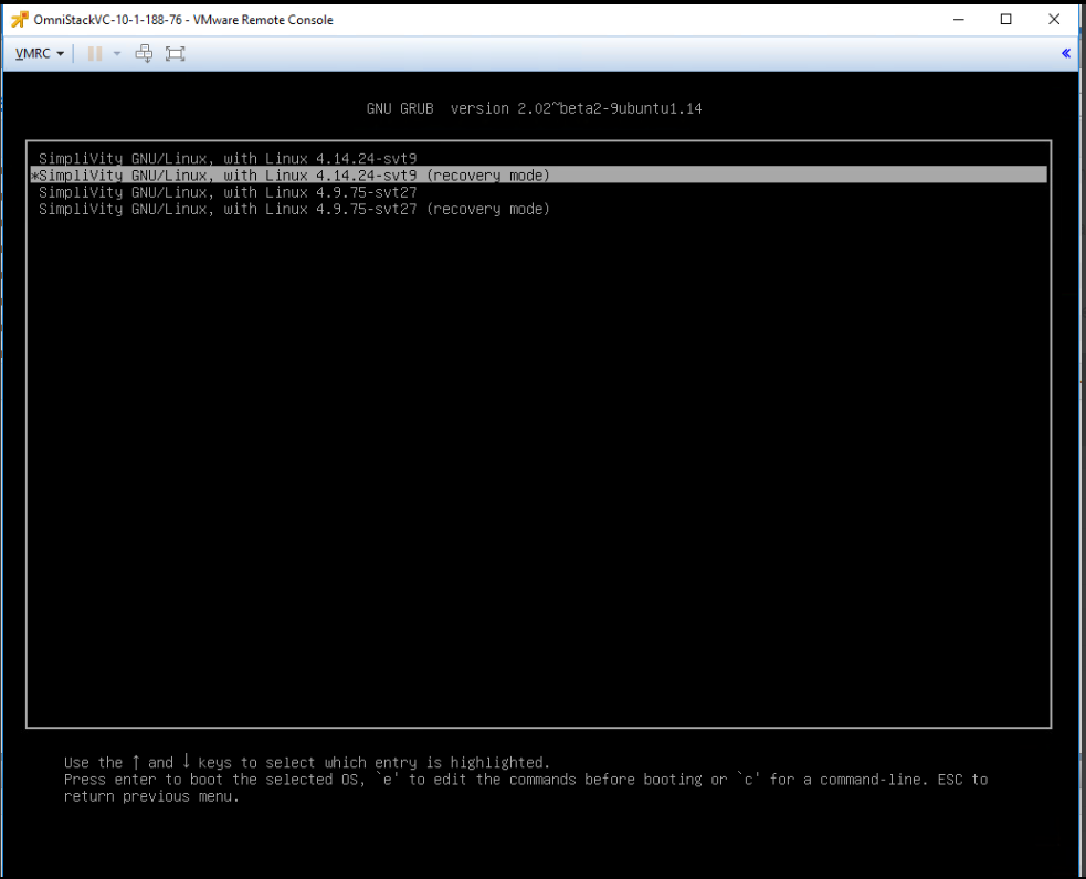 • • Ræte GNU GRUB d'itn L Intl, sürüm SimpliVity BNLWLinux, Linux ile 4.3.7S-svt27 (kurtarma modu) unich girişini seçmek için T ve fıçıları kullanın vurgulanır.  Seçilen işletim sistemini başlatmak için enter'a, önyükleme veya geri dönüş veya önceki renu'dan önceki dönüşümleri düzenlemek için •e' tuşuna basın.  bir mısır hattı için.  Esc'ye