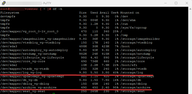 VCSA storage archive partition %95 space is full
