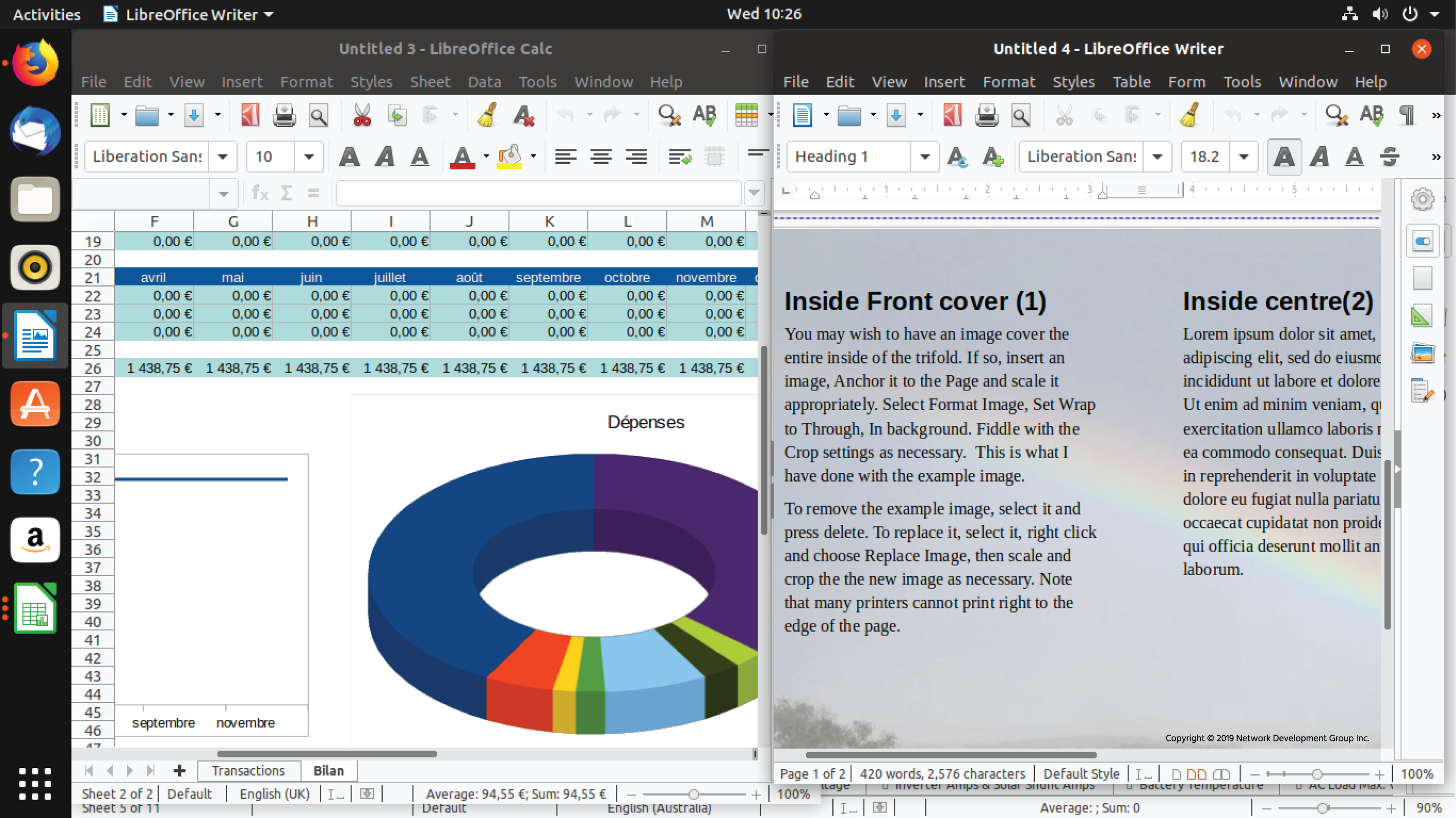 LibreOffice Writer ve LibreOffice Calc'ı yan yana gösteren, elektronik tablolarda grafikler oluşturma veya belgelere görsel düzenlemeler ekleme gibi metinde açıklanan bazı işlevlerini vurgulayan bir ekran görüntüsü.