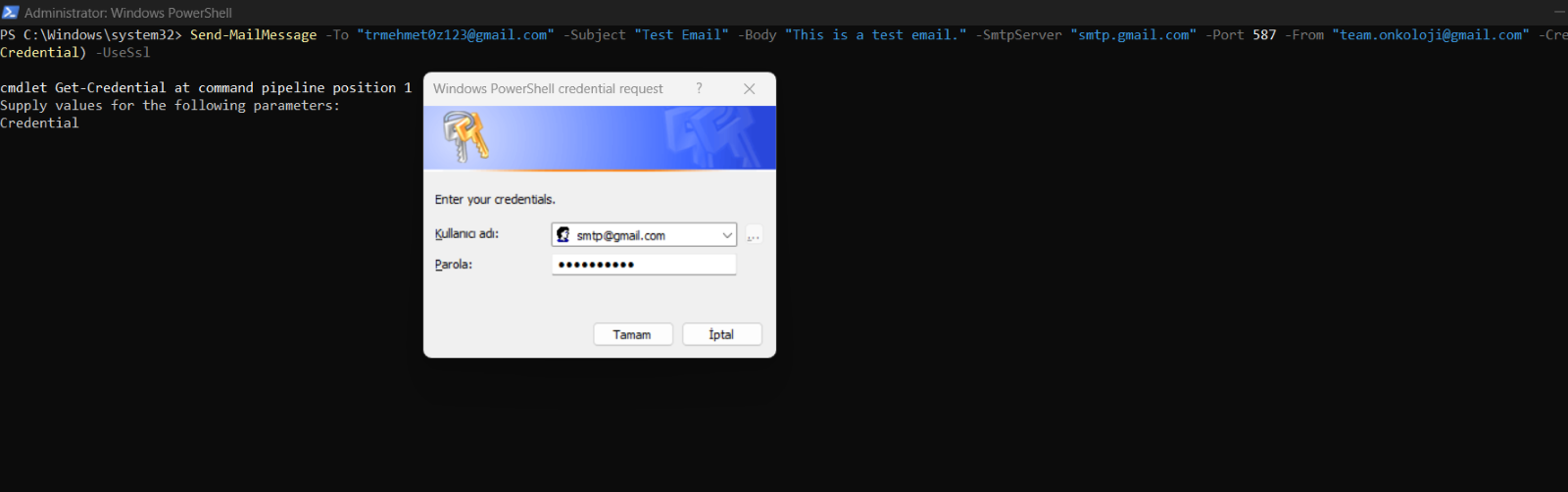 gmail smtp test powershell