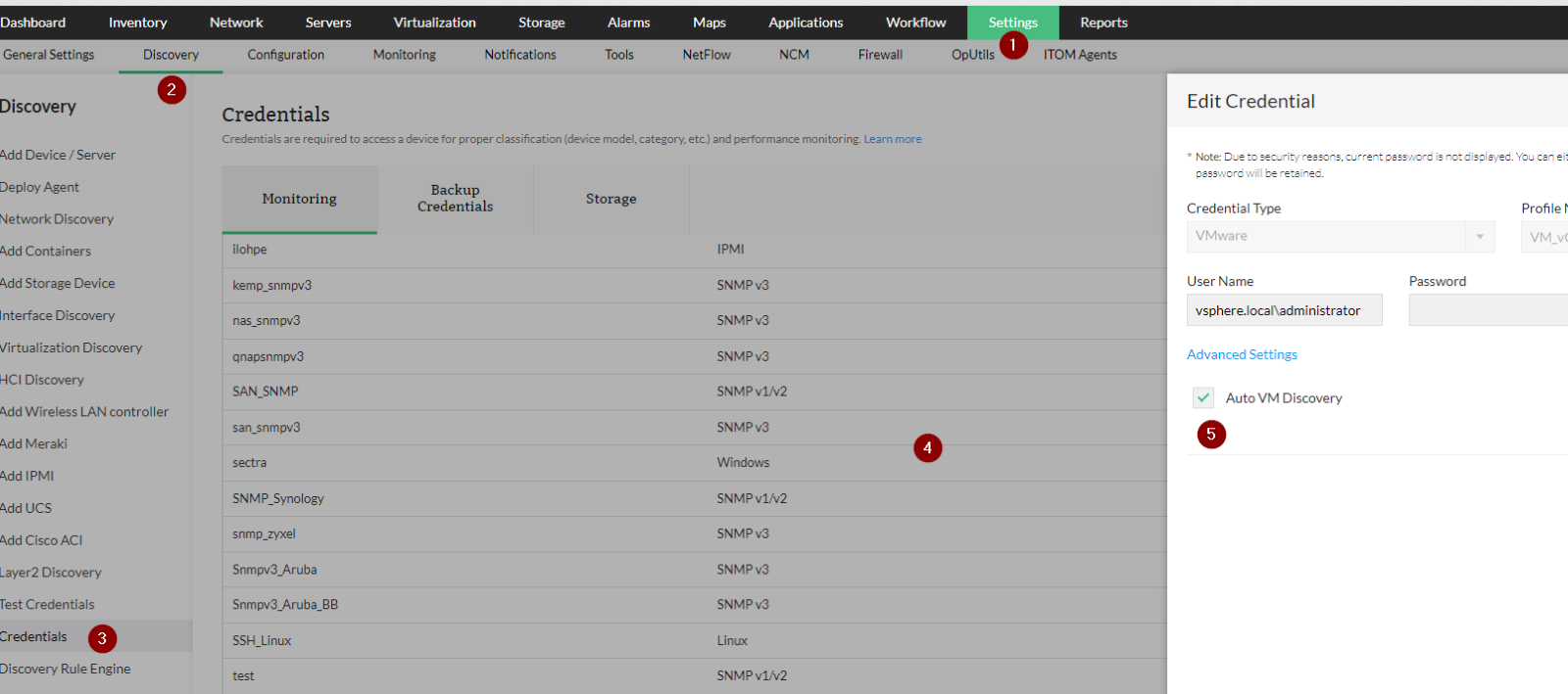 Opmanager vMware Auto Discovery Settings