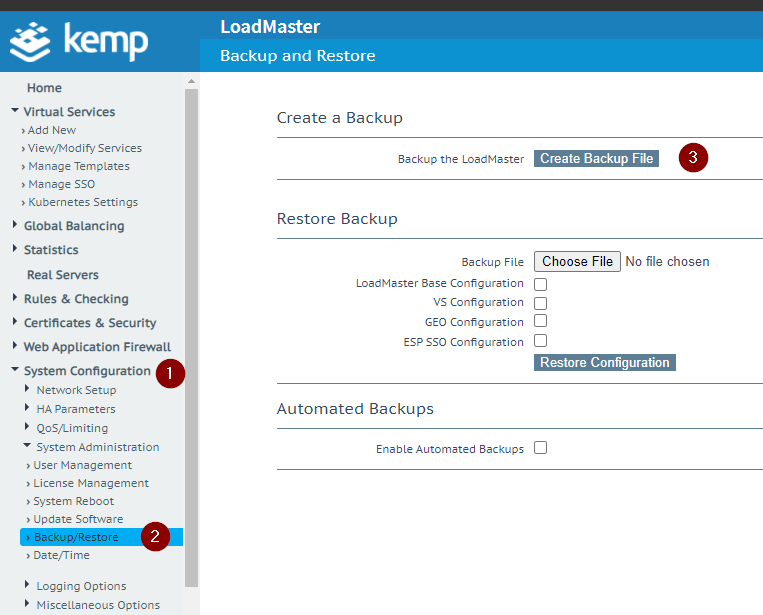 kemp ssl/config backup ve restore